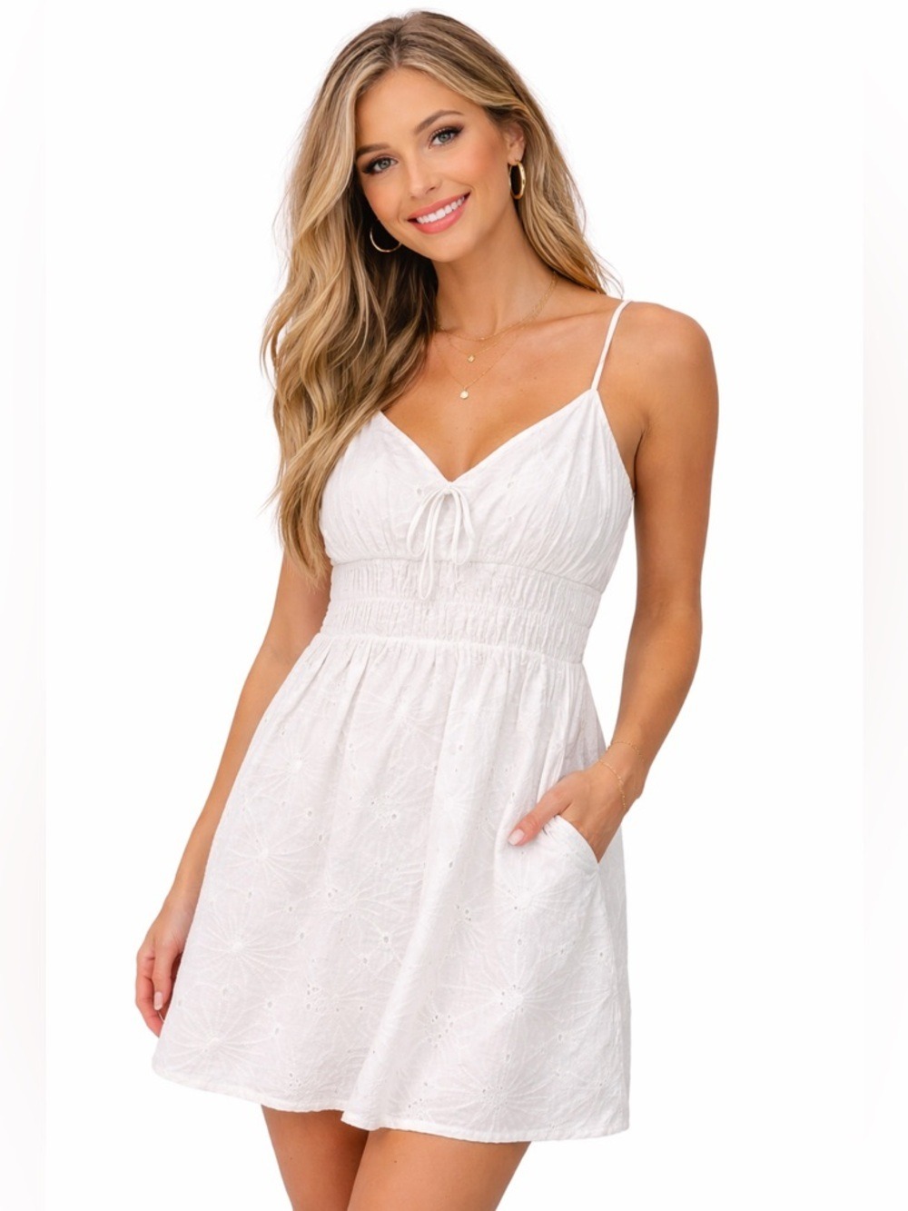 Windsor White Eyelet Mini Dress Tie Front Smocked Sundress Cottagecore L